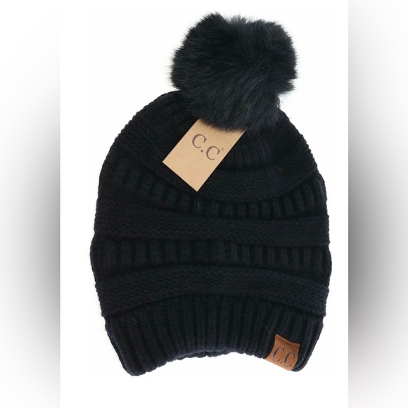 C.C Accessories - CC Ribbed Knit Beanie with Faux Fur Pom - Black - One Size